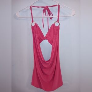 Papaya Halter Cowl Neck Top Coral Sparkle Glitter Shine Golden Rings